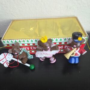 Vintage 1985 1980's R. Dakin & Co Beary Christmas Wood Pets 3 Piece Ornament Set
